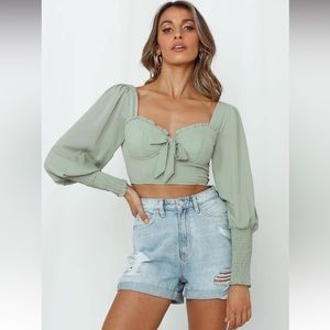 Hello Molly Rume ‘Lucretia Crop Khaki’ Top. Size XS.